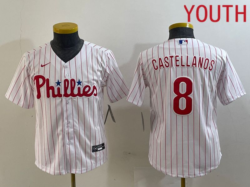 Youth Philadelphia Phillies 8 Castellanos White stripe 2024 Nike Game MLB Jersey